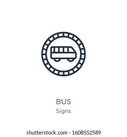 Bus icon. Thin linear bus outline icon isolated on white background from signs collection. Line vector sign, symbol for web and mobile