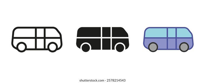 Bus icon. Van symbol. Public transport sign. Bus stop station pictogram. School bus trip vector illustration outline, line, black and colored style. Arrival concept isolated.