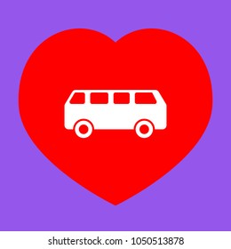 Bus Icon. Vector. White icon in red heart at lavender background.