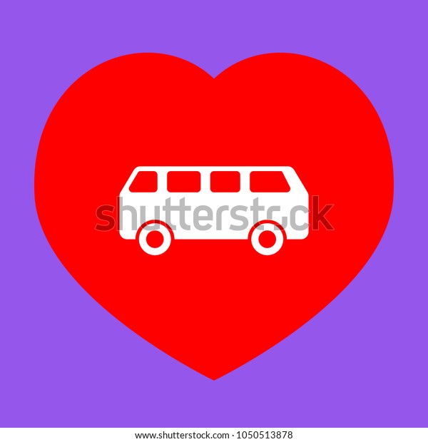 Bus Icon. Vector. White icon in red heart at\
lavender background.