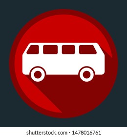Bus Icon. White icon with shadow on round red button at dark cyan background. Illustration.