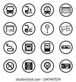 Bus Icons. Black Flat Design In Circle. Vector Illustration.