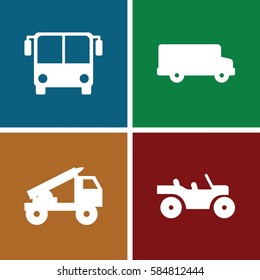 bus icons set. Set of 4 bus filled icons such as truck rocket