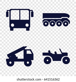 Bus icons set. set of 4 bus filled icons such as airport bus, truck rocket