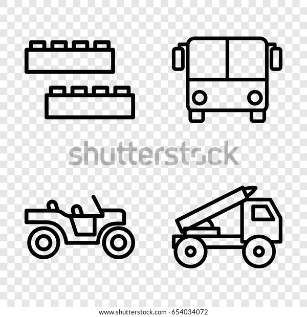 Bus icons set. set of 4 bus\
outline icons such as airport bus, child building kit, truck\
rocket