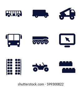 bus icons set. Set of 9 bus filled icons such as plane seats, child building kit, truck rocket, weapon truck