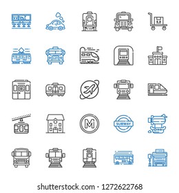 bus icons set. Collection of bus with bus stop, train, subway, school bus, airship, metro, school, cable car, travel, underground, tram, transportation. Editable and scalable icons.