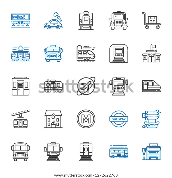 bus icons\
set. Collection of bus with bus stop, train, subway, school bus,\
airship, metro, school, cable car, travel, underground, tram,\
transportation. Editable and scalable\
icons.
