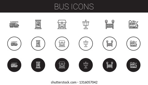 bus icons set. Collection of bus with train, phone box, school, control tower, subway. Editable and scalable bus icons.