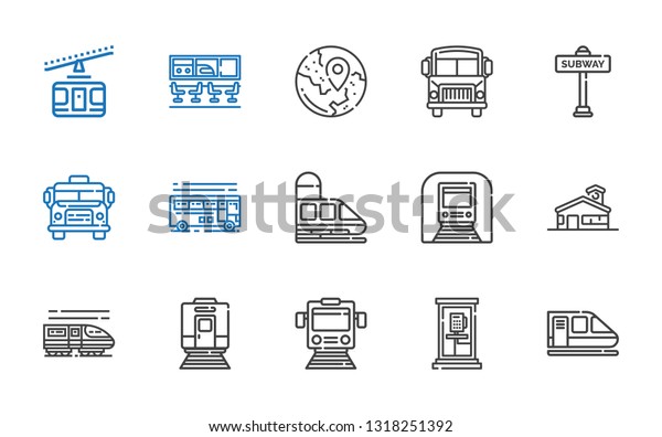 bus icons set. Collection of\
bus with train, phone box, school, underground, school bus, subway,\
travel, airport, cable car. Editable and scalable\
icons.