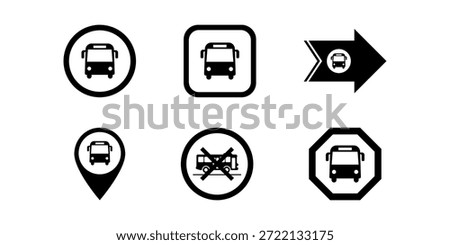 Bus icons set – round and square symbols, map pin marker, right arrow direction and no bus sign – vector