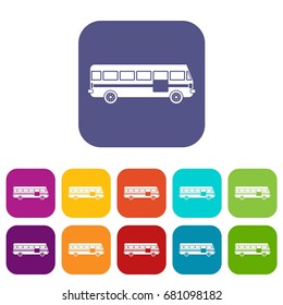 Bus icons set vector illustration in flat style in colors red, blue, green, and other