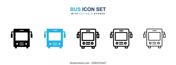 Bus icons vector collection in black and blue colors on white background