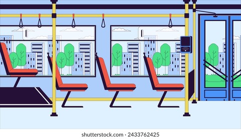 Bus indoors with payment terminal cartoon flat illustration. Commuter public transportation 2D line interior colorful background. POS tram transport inside no people scene vector storytelling image