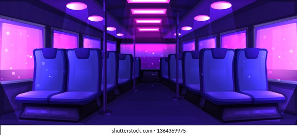 Bus inside. Seats in transport when traveling at night. Road to vacation. Vector cartoon illustration