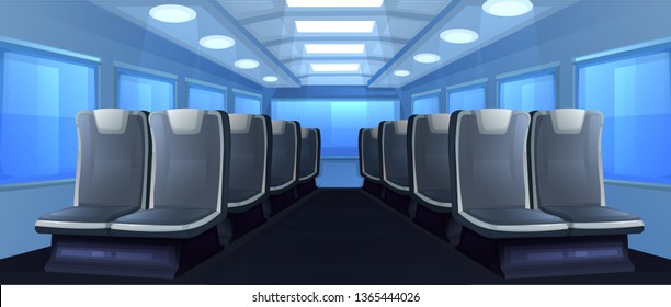 Bus inside. Seats in transport when traveling at day. Road to vacation. Vector cartoon illustration