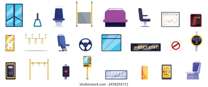 Bus interior icons set cartoon vector. Public seat. Pole vehicle validator