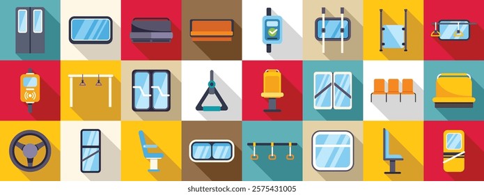  Bus interior icons set. Flat vector illustration set of various public transport interior elements like seats, doors, windows, handles, handrails and steering wheel