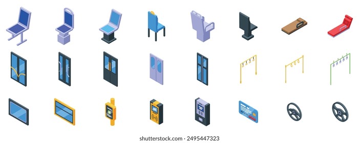 Bus interior icons set. Isometric set of public transport elements showing comfort and convenience for passengers while commuting in the city