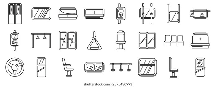  Bus interior icons set. Linear icons of public transport interior elements including seats, doors, windows, handrails, and other essential components