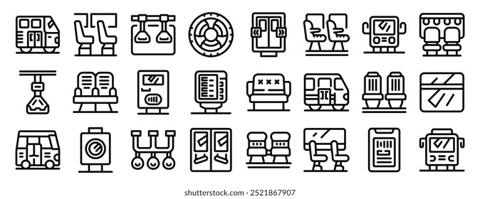Conjunto de ícones internos do barramento. Este conjunto de ícones representando intercidades e interiores de transporte público da cidade está mostrando assentos, alças, portas, máquinas de bilhetes e muito mais