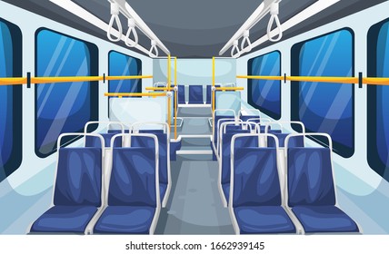 Bus Interior Landscape with old Chairs Row, Scholl Bag, Suitcase and Bus Handle for Vector Illustration Interior Design Ideas