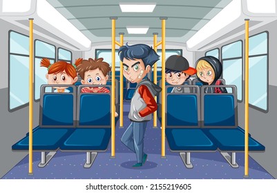 Bus interior with passengers cartoon characters illustration