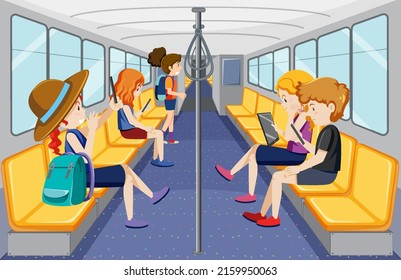 Bus interior with passengers cartoon characters illustration