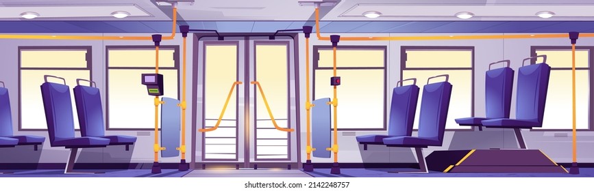 Bus interior, public transport empty salon with seats, handles, pos terminal for cashless payment and glass doors or windows. Urban commuter inside view, new city vehicle, Cartoon vector illustration