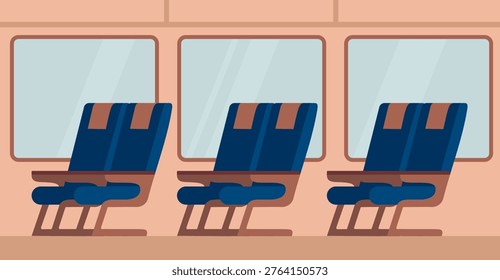 Bus interior side view with windows and empty passenger seats public transport flat vector illustration
