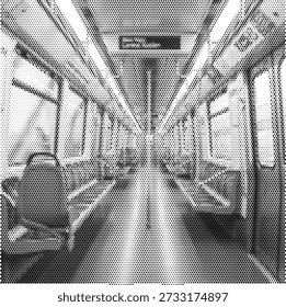 bus interior transport halftone perspective empty seat travel commute urban vehicle public transit retro inside