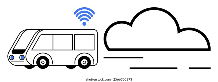 A bus with internet symbol beside a cloud, representing smart public transportation and cloud data storage. Ideal for smart city, public transport, internet connectivity, modern technology, and cloud