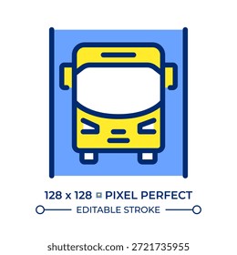 Icono de color de línea perfecta de píxeles de carril bus. Ruta de vehículos públicos. Acelerar el transporte urbano evitando la congestión del tráfico. Ilustración vectorial aislada. Diseño de símbolo colorido plano. Trazo editable