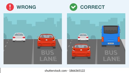 Bus Lane Rule. Correct And Wrong Driving. Do's And Don'ts. Back View Of Sedan Car And Bus On A Bus Lane. Flat Vector Illustration Template.