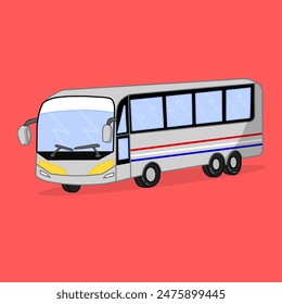 bus is a large motor vehicle carrying passengers , typically one serving the public on a fixed route and for a fare. The bus is silver with blue, red and white stripes with windows and orange light