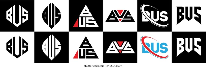 BUS letter logo design in six style. BUS polygon, circle, triangle, hexagon, flat and simple style with black and white color variation letter logo set in one artboard. BUS minimalist and classic logo