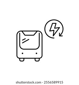Bus and lightning in renew arrow. Renewable energy sources, efficient and clean urban transportation. Pixel perfect vector icon