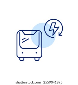 Bus and lightning in renew arrow. Renewable energy sources, efficient and clean urban transportation. Pixel perfect, editable stroke icon