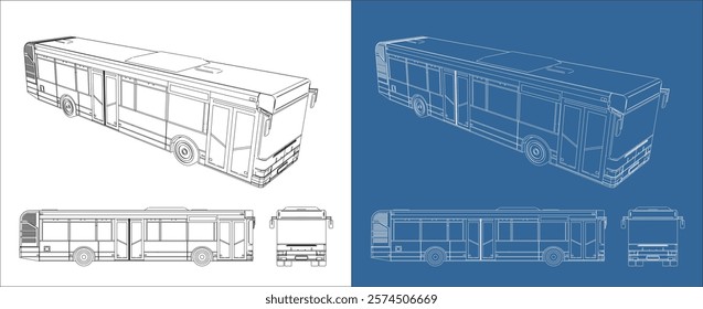 Bus line drawings blueprints technical vector. side view outline isolated on white background