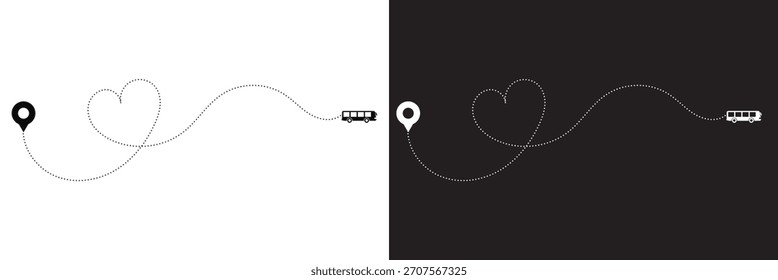 Caminho da linha de barramento no plano de fundo branco e preto.  Conceito de turismo e viagens. Ilustração vetorial de barramento em forma de linha pontilhada com pino de chegada em estilo plano.