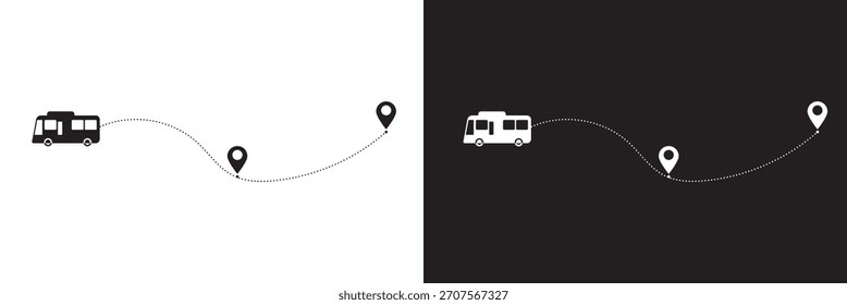 Caminho da linha de barramento no plano de fundo branco e preto.  Conceito de turismo e viagens. Ilustração vetorial de barramento em forma de linha pontilhada com pino de chegada em estilo plano.