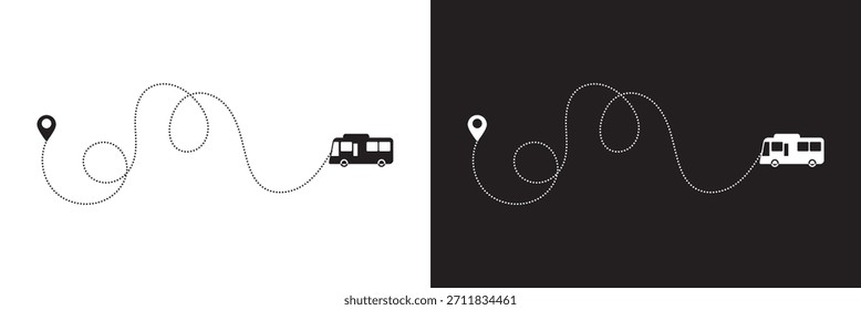 Ruta de la línea de autobús sobre fondo blanco y negro.  Concepto de turismo y viajes. Ilustración vectorial de autobús en forma de línea punteada con pin de llegada en estilo plano.