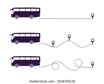 Bus with line start point set. Bus driving on dotted route with map pin group. Vector isolated on white.