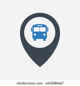 Bus in location marker pin icon for app or web ui design.