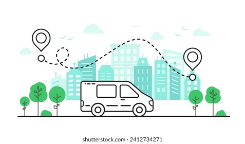 Bus and map icon. Delivery way. Blue and white.  vector. road. graphic.  through forest