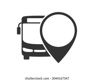 Bus with map pointer graphic icon. Bus stopped sign isolated on white background. Bus tour transport symbol. Vector illustration