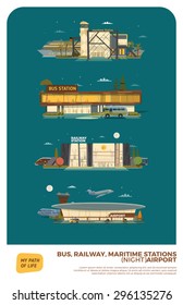Bus, maritime, railway stations and airport. Night version with stars and moon