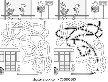 Bus maze for kids with a solution in black and white