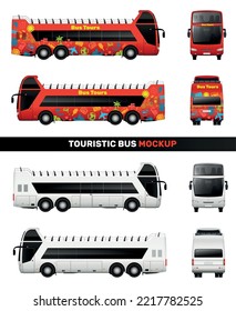 Parodias de autobús conjunto realista de imágenes aisladas con varias vistas angulares de buses turísticos y de turismo ilustración vectorial