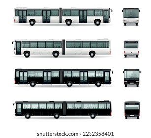 Bushaltestelle mit isolierten realistischen Bildern von schwarz-weißfarbigen Bussen mit Doppelbussen, Vektorgrafik